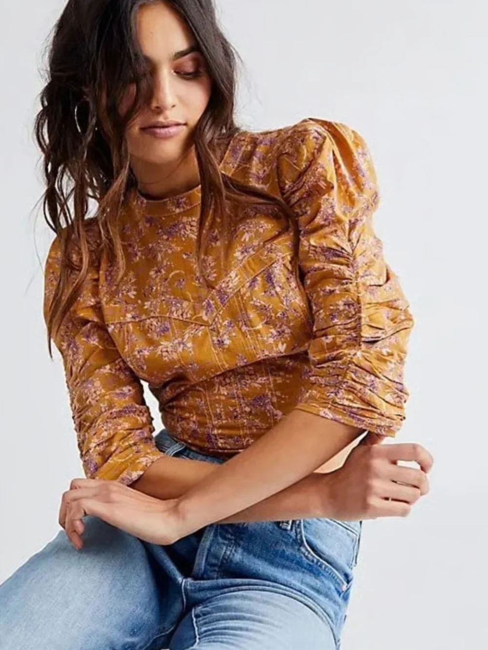 Free People Monica Puff Sleeve Crop Top Floral Gold Leaf L